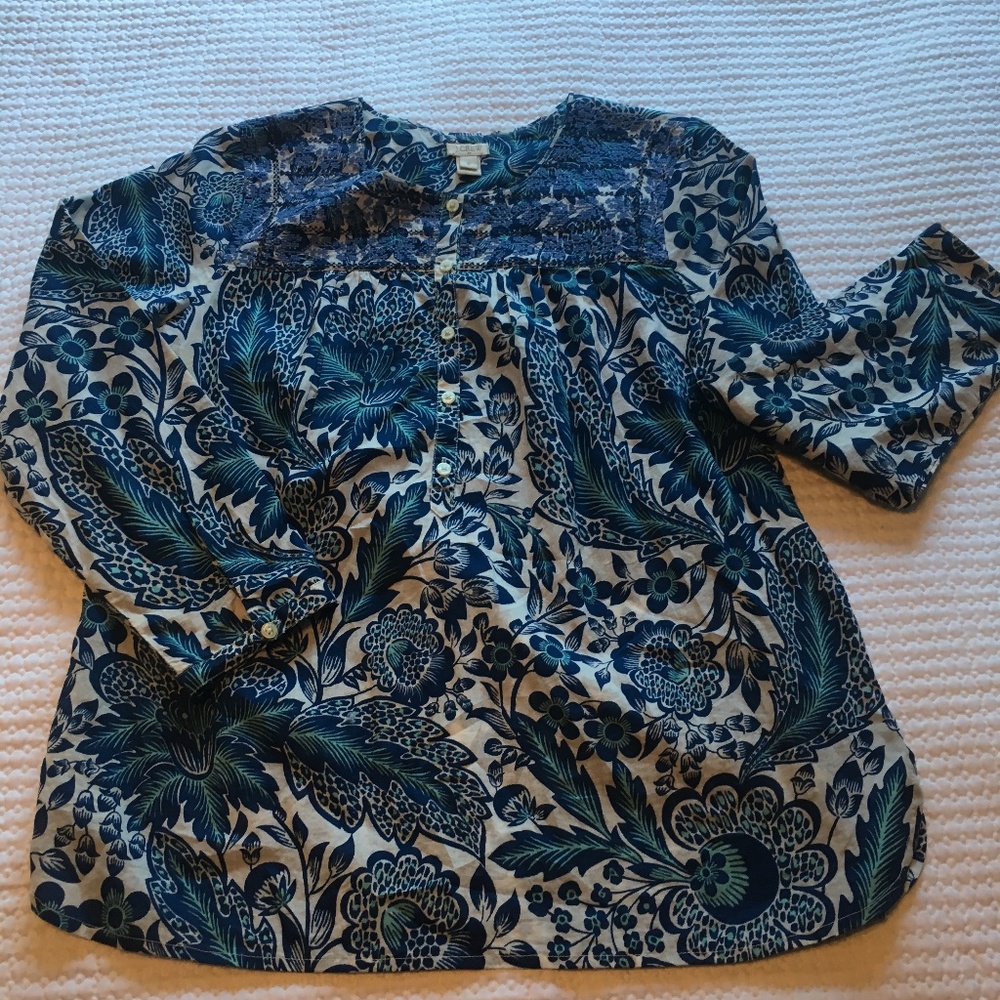 J. Crew Blue Floral Long-Sleeved Top